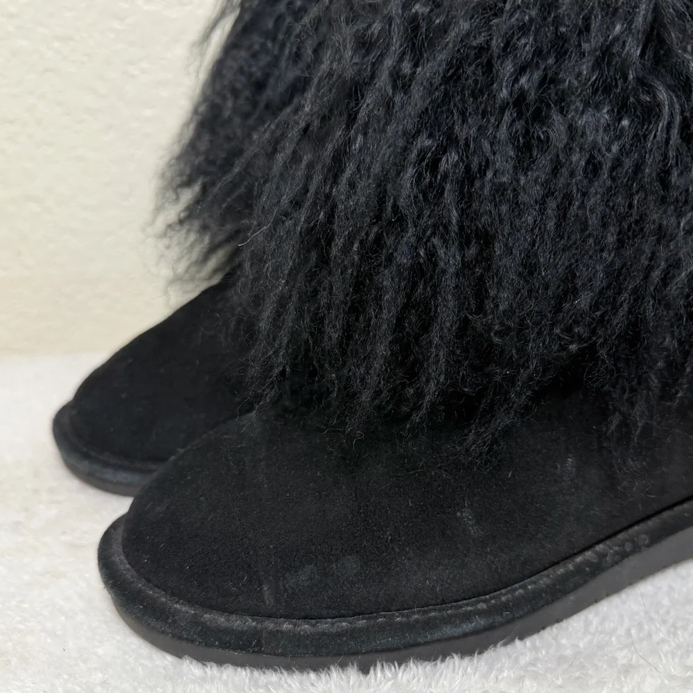 Bearpaw Boo Bootie Winter Boot Fuzzy Lamb Fur Cuff Suede Black Size 9